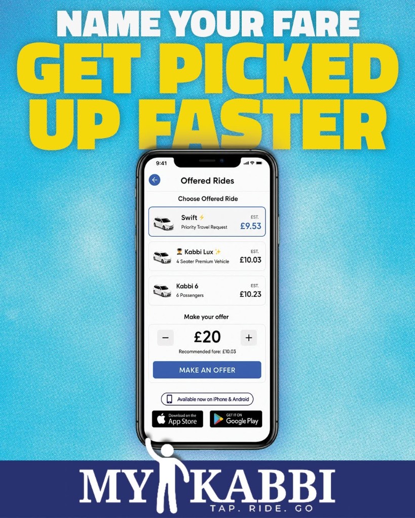 Name your fare and get picked up faster with the MyKabbi app.